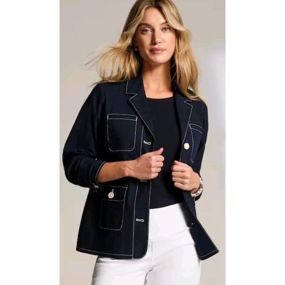 J.Jill Navy Stretch Tailored Button Utility Jacket Contrast Stitch Preppy M